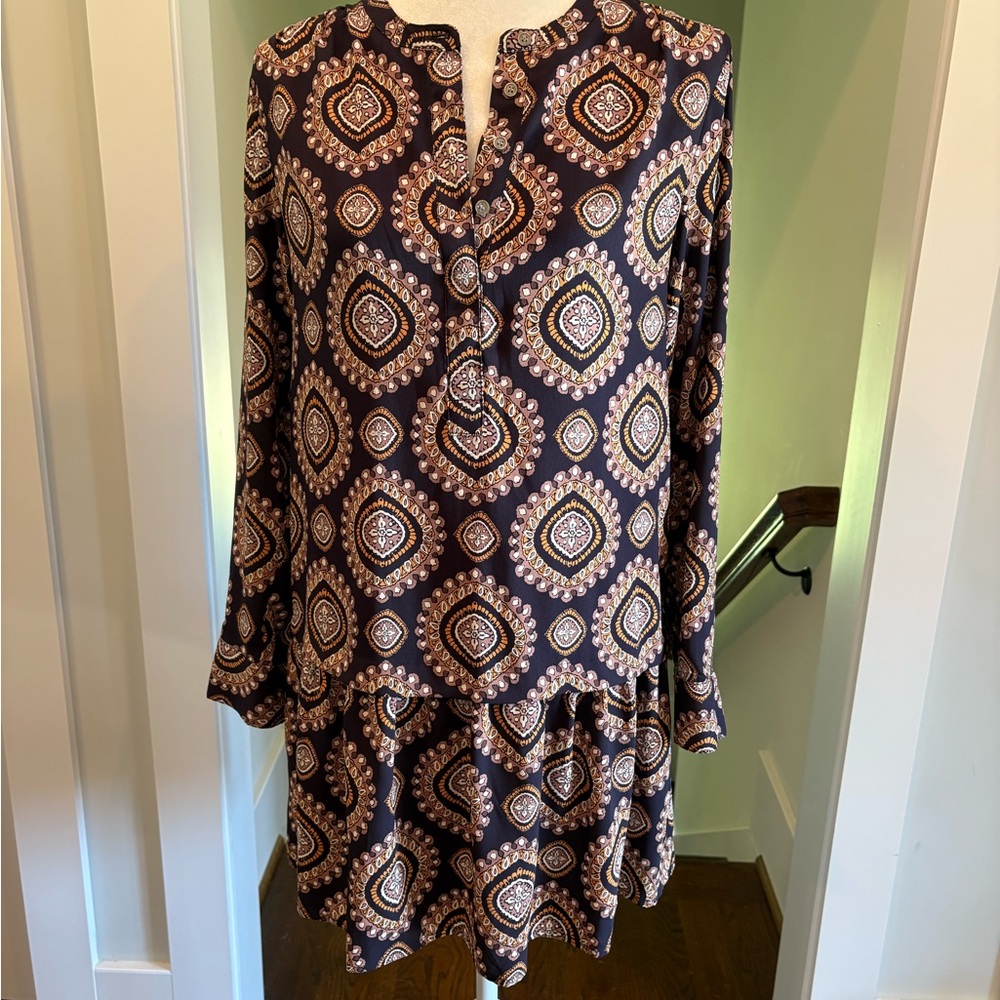 LOFT Navy and Tan Patterned Long Sleeve Dress